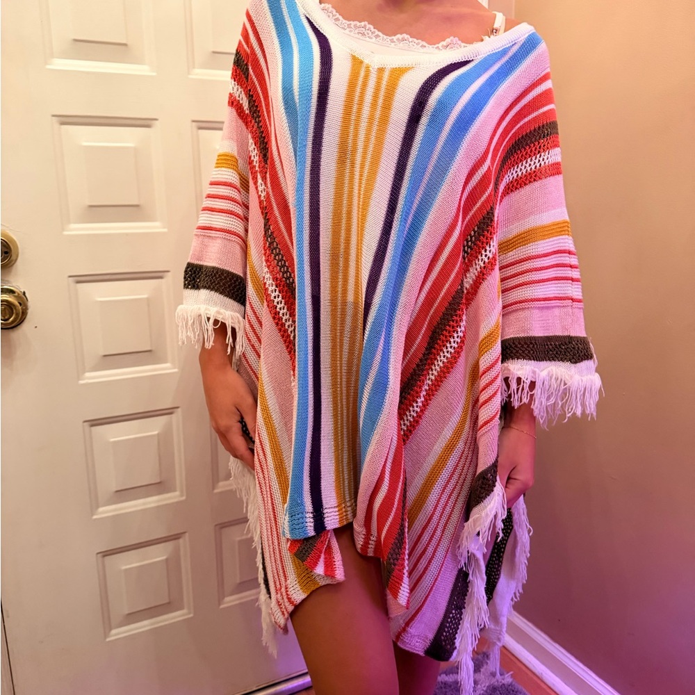 Colorful Striped Poncho with Fringe